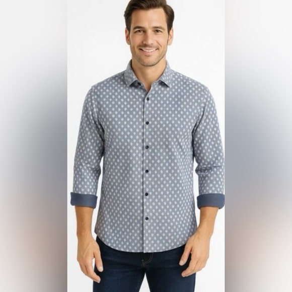 Visconti Black Other - Visconti‎ Black Diamond-Print Flip-Cuff Blue Shirt Smart Casual Cabincore 3XLB